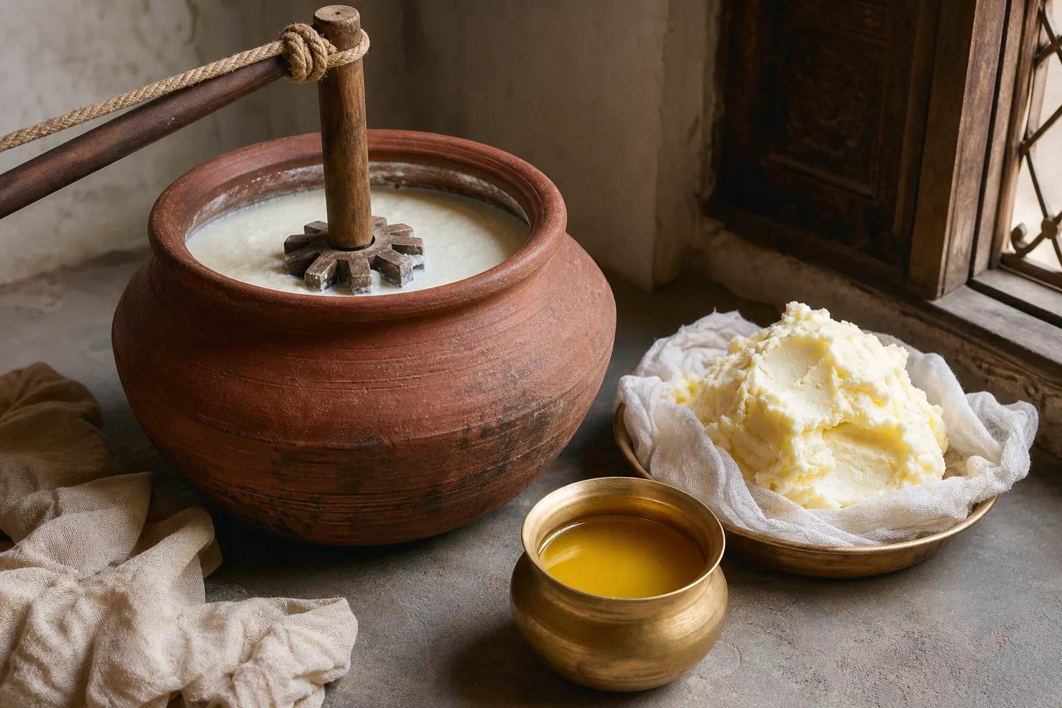 Earthen pot, wooden churner, butter, and golden ghee in a traditional Bilona process scene