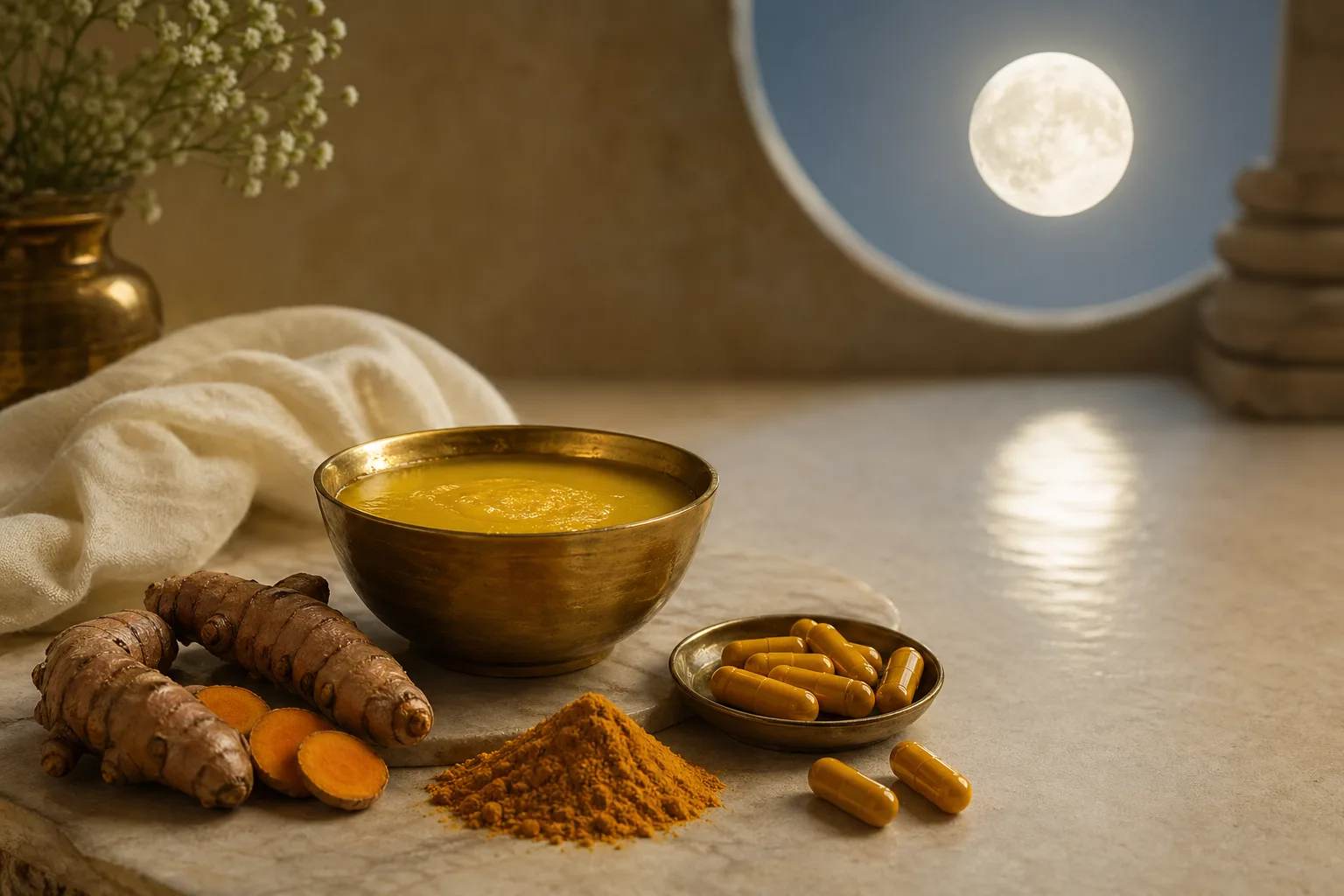 Ghee, turmeric, vegetarian capsules, and moonlight arranged as a Chandra wellness ritual