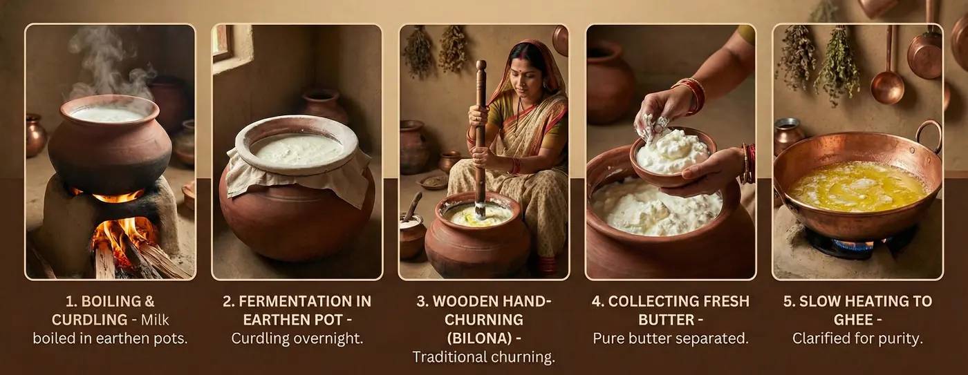 Illustrated steps of the traditional Bilona process