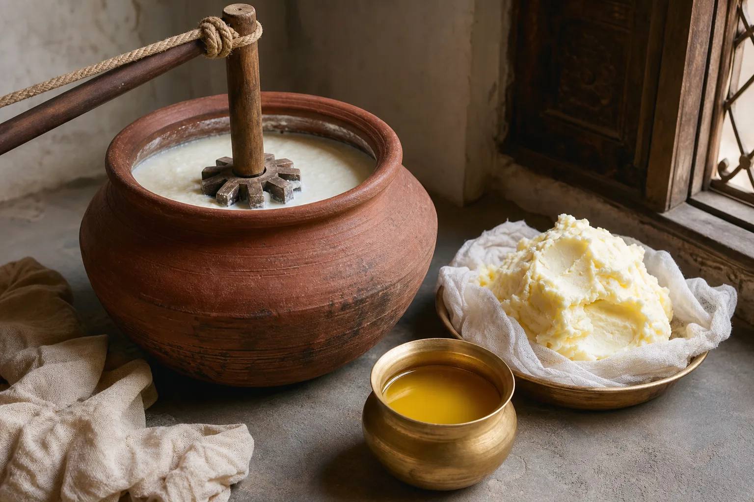 Earthen pot, wooden churner, butter, and golden ghee in a traditional Bilona process scene