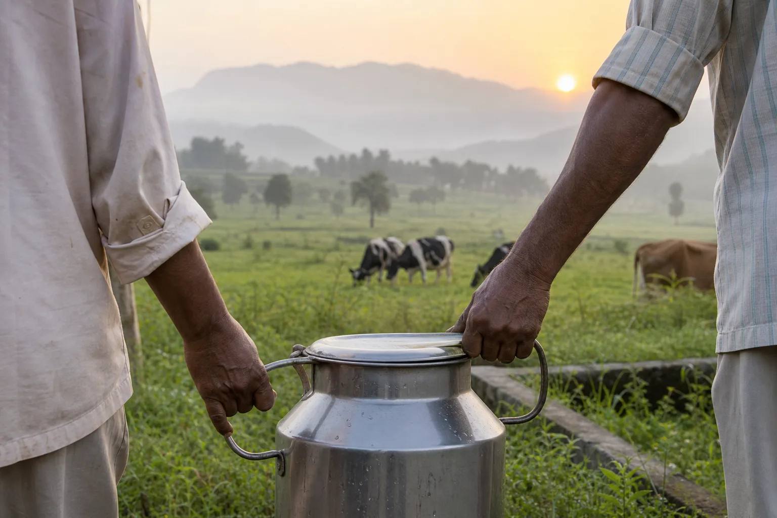 Local Indian dairy farmers carrying a milk can in Western Ghats countryside