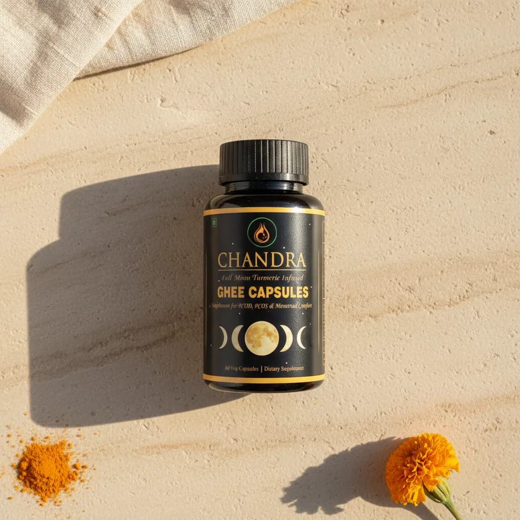 Chandra turmeric ghee capsule bottle and capsule product image
