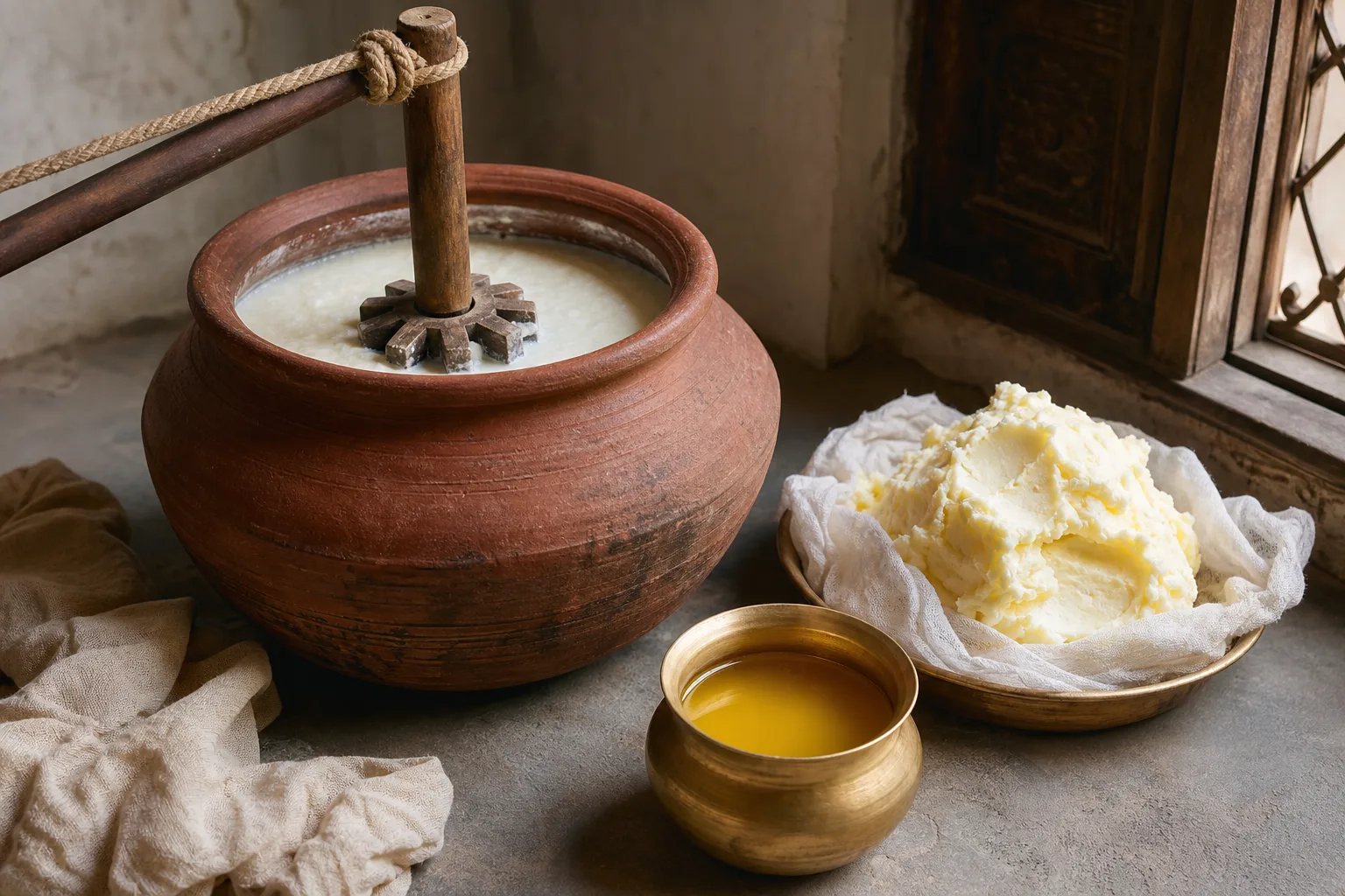 Earthen pot, wooden churner, butter, and golden ghee in a traditional Bilona process scene