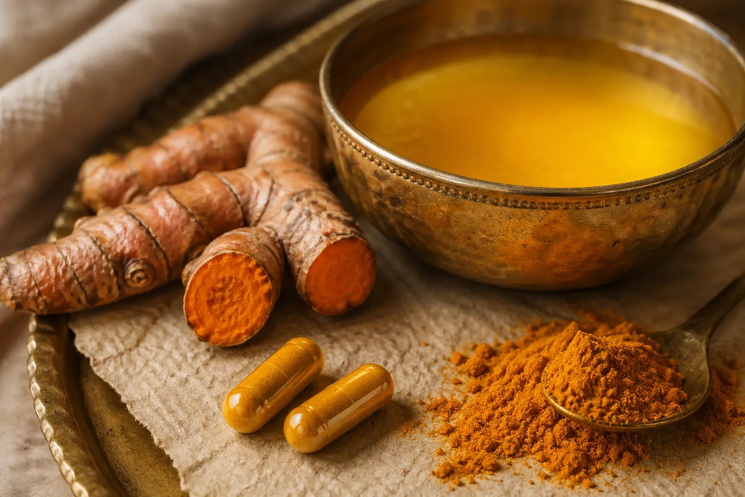 Golden ghee, turmeric root, turmeric powder, and amber vegetarian capsules